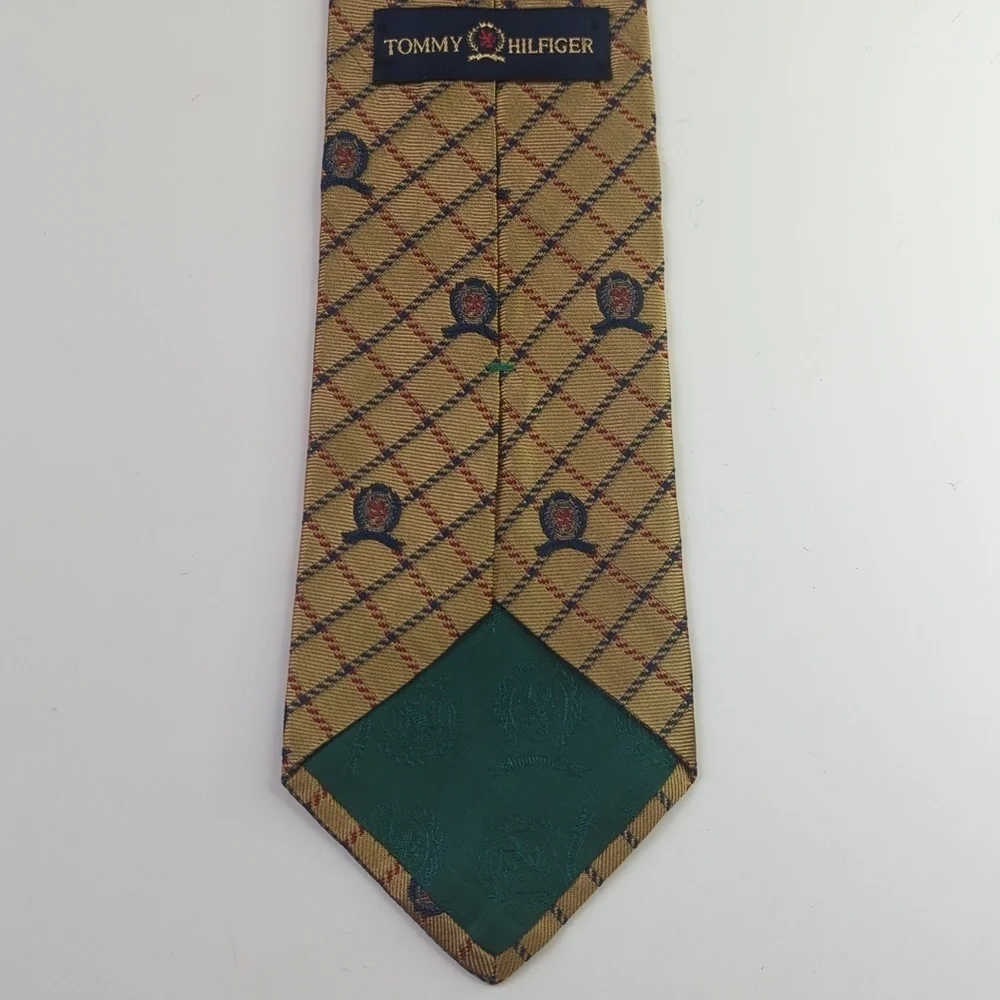 Tommy Hilfiger 90's Vintage Preppy Plaid Scattered Crest Logo Silk Neck Tie Tan